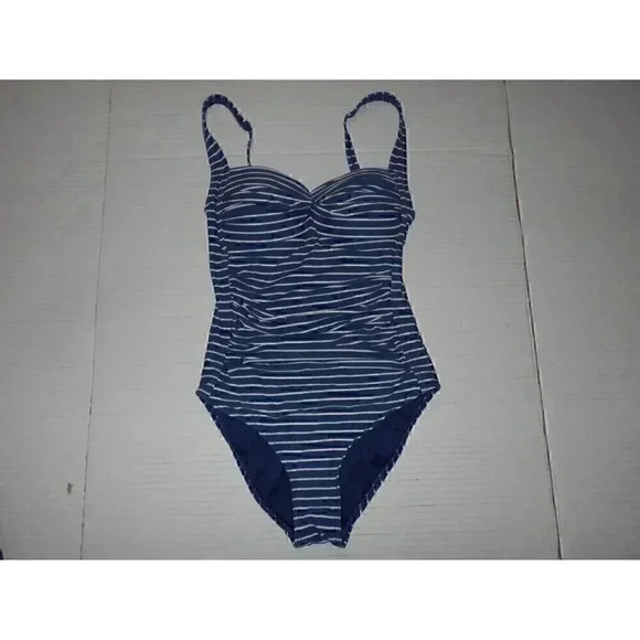 Nip Tuck Swimsuit 4 One Piece Striped Blue Denim Slimming Vacation Modest - Picture 1 of 5